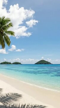 Scenic tropical beach with palm trees, clear waters, and blue sky over island horizon