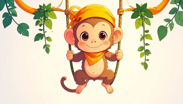 Cartoon monkey hanging from jungle vines playfully