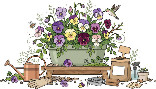 Beautiful garden pansy flowers potted plant vector illustration with home gardening tools soil bag watering can and hummingbird