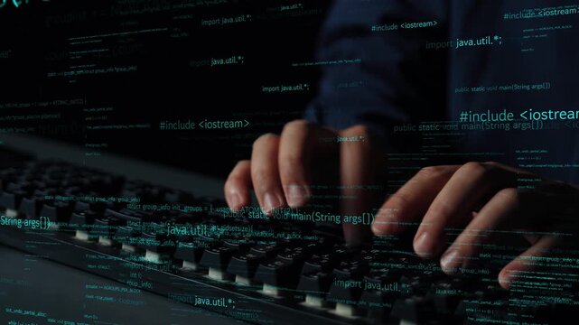 A detailed view of hands typing on a keyboard with glowing lines of code in the background, showcasing the essence of programming and digital innovation in modern technology. Xenic