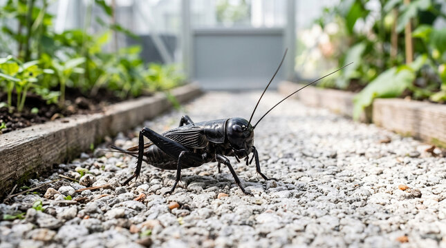 Large black field cricket resting on a gravel garden path