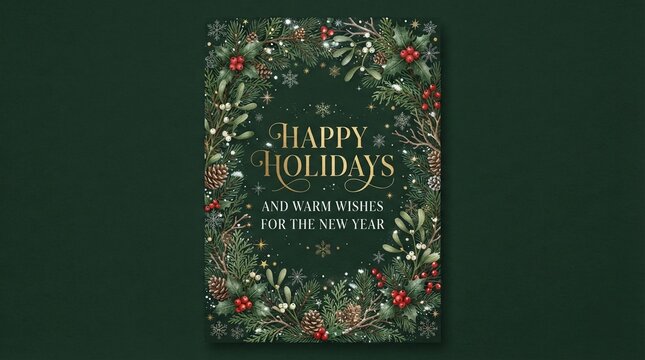Elegant holiday greeting card featuring a festive hand drawn botanical wreath with golden typography on a deep forest green background for seasonal winter celebrations and events