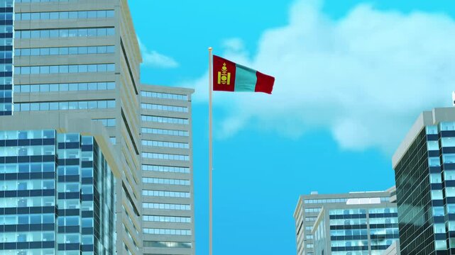 Mongolia Flag 3D Render Animation with Urban Architecture and Clear Blue Sky