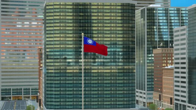 Myanmar Burma Flag 3D Render Animation on Pole with Modern Business District Buildings - Daytime View
