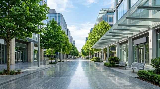 Innovative Cooling Solutions for Rising Extreme Heat, Modern urban street lined with contemporary buildings and green trees, featuring a reflective ground and stylized ske...