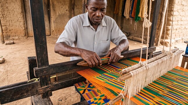 Skilled African artisan weaving vibrant traditional Kente cloth on a manual wooden loom, highlighting cultural textile heritage.