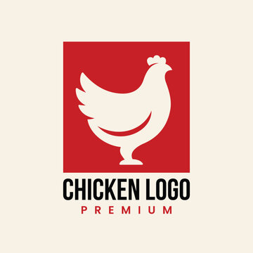 A minimalist flat vector logo featuring a cream-colored chicken silhouette inside a bright red square, with black bold text below. Ideal for poultry farming, agriculture, or restaurant branding.
