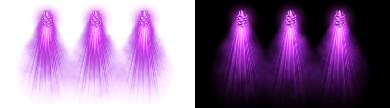 Purple neon light bulb icons glowing with spiral filament and radiant beams for creative energy in PNG, Transparent and Black Background Versions for design