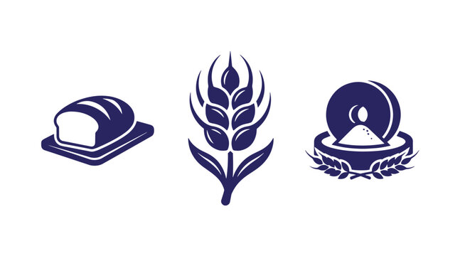 Bread loaf single wheat stalk grain mill stone icons set with agriculture production silhouette illustration business