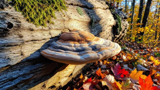 Beautiful bracket fungus on fallen log with autumn leaves and colorful fall forest sunlight