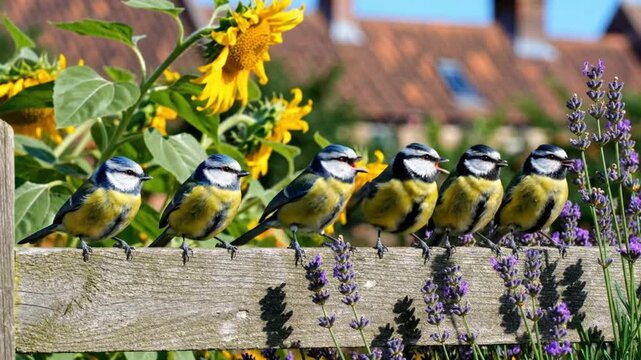 Six blue tits perched on a wooden fence with sunflowers and lavender plants on a sunny day in a garden