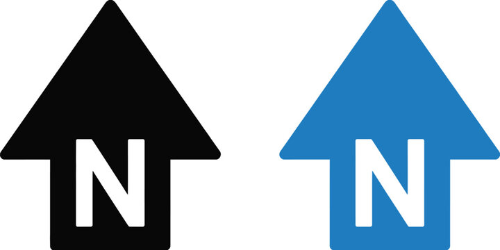 North compass arrow icon set featuring black and blue directional navigation symbols with letter N for maps, GPS, orientation, and vector design.