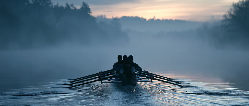 Misty Morning Rowing Adventure: Teamwork on Tranquil Waters at Dawn