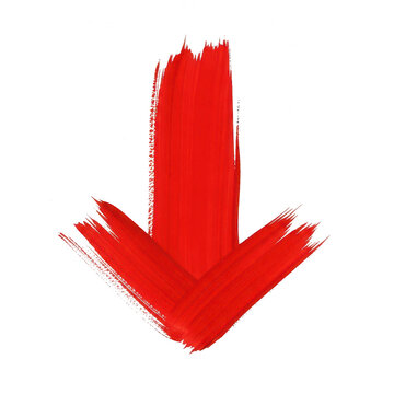 Red down arrow painted with a rough brush stroke texture isolated on transparent background