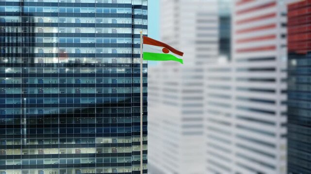 Niger Flag 3D Render Animation on Pole with Modern City Buildings - Shallow Depth of Field, Daytime View