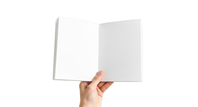 Hand holding an open blank book with empty pages isolated on transparent background