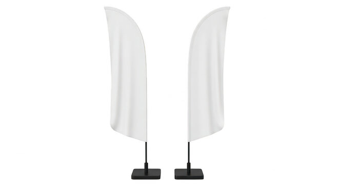 Two blank white feather flags for advertising display isolated on transparent background