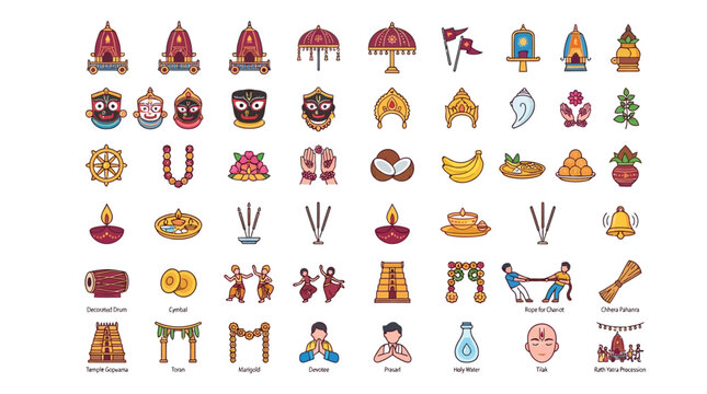Set of colorful flat vector icons representing Hindu culture and religious traditions.