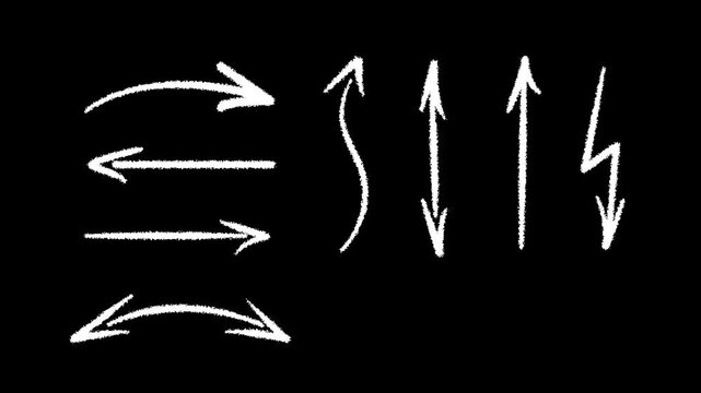 Set of hand drawn arrows. White arrows are drawn in different shapes. Hand drawn elements for video edits or design projects.4k motion graphics concept.