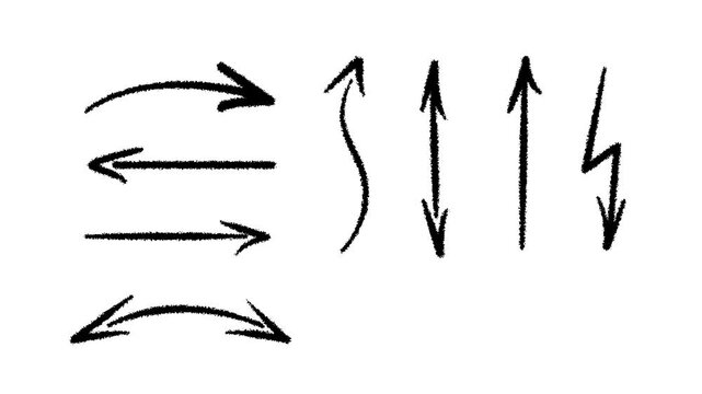 Set of hand drawn arrows. White arrows are drawn in different shapes. Hand drawn elements for video edits or design projects.4k motion graphics concept.
