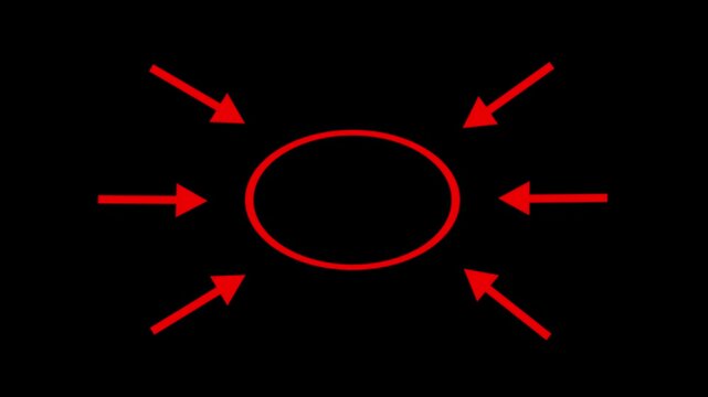 Red Arrows Pointing to Central Circle Highlight Animation Isolated on Black Background, Attention Focus Symbol, Target Indicator Motion Graphic.