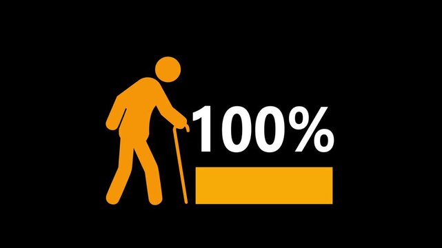 Life expectancy animation. Age demographic animated element. Progress bar completing. Elderly population. Isolated illustration on dark background. Transition alpha video. 4K.