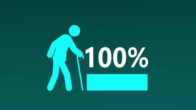 Life expectancy animation. Age demographic animated element. Progress bar completing. Elderly population. Isolated illustration on dark background. Transition alpha video. 4K.