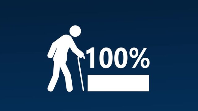 Life expectancy animation. Age demographic animated element. Progress bar completing. Elderly population. Isolated illustration on dark background. Transition alpha video. 4K.
