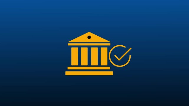 Golden bank building icon with a checkmark on transparent background finance money of 4k motion graphics animation concept.