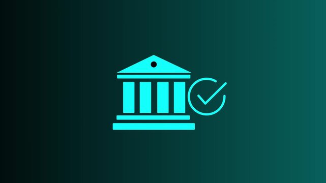 Cyan bank building icon with a checkmark on transparent background finance money of 4k motion graphics animation concept.