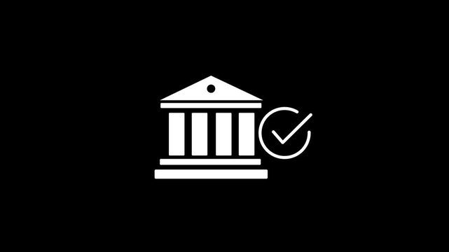 White bank building icon with a checkmark on transparent background finance money of 4k motion graphics animation concept.