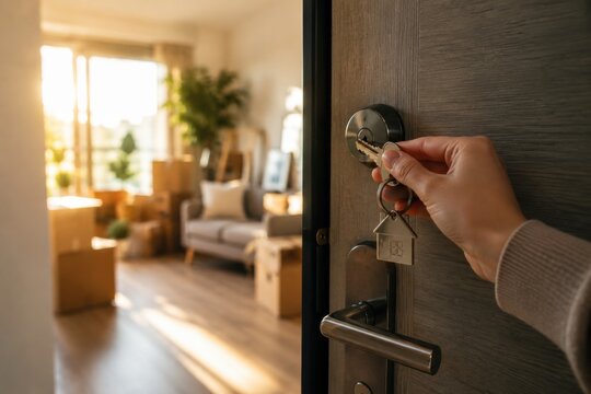 Hand holding key unlocking modern home door. Person entering stylish contemporary living room with natural light.