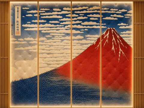 Mount Fuji landscape illustration in traditional ukiyo e style with textured background fuji-san japan