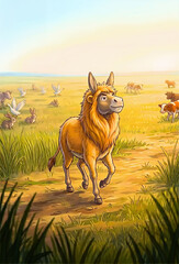 Donkey wearing lion skin walking through grassy field at sunset with disguise folklore illustration © SM Biplob