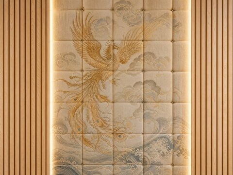 3D wallpaper sticker design for wall decor. Golden phoenix and wave pattern on textured wall panel decorative design bird mythical creature