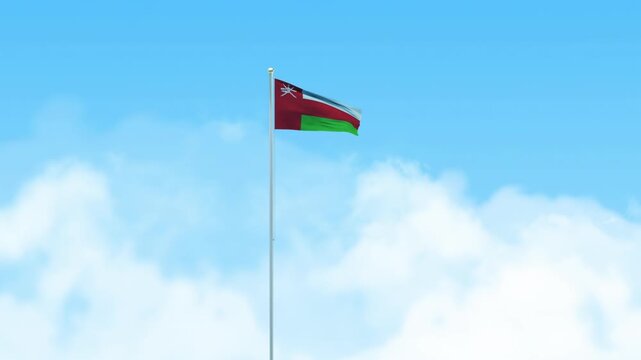 Oman Flag 3D Render Animation Waving on Pole with Blue Sky