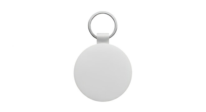 Blank round white keychain tag with metal ring isolated on transparent background