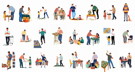 Fototapeta premium Diverse collection of flat vector illustrations depicting families and people playing various board games, cards, and tabletop activities for leisure and bonding.