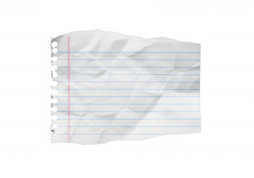 Crumpled piece of lined notebook paper with torn edges isolated on transparent background for school stationery