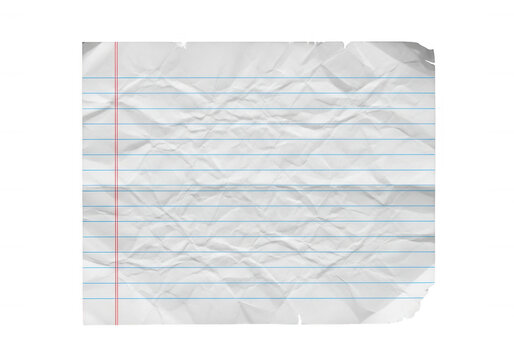 Sheet of crumpled lined notebook paper with blue and red margins isolated on transparent background