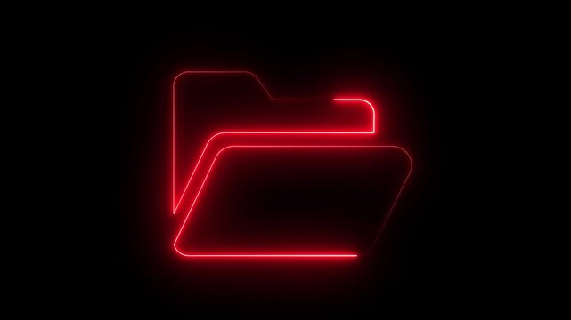 Glowing red neon folder animation, digital data management and cyber security concept