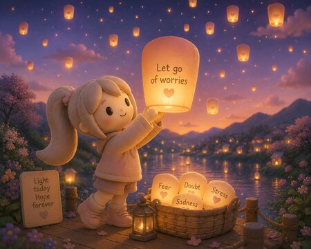 Cute 3D Clay Girl Releasing a Sky Lantern to Let Go of Worries