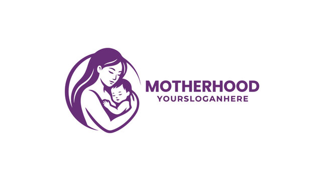 Motherhood logo with mother holding baby in circle emblem.