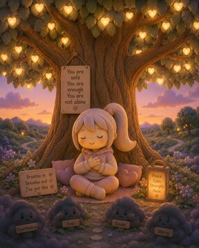 Cute 3D Clay Girl Finding Peace Under a Glowing Tree at Sunset