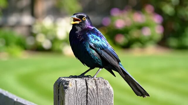 Iridescent starling perched on a wooden post, beautiful bird displaying vibrant plumage in natural sunlight, calls heard