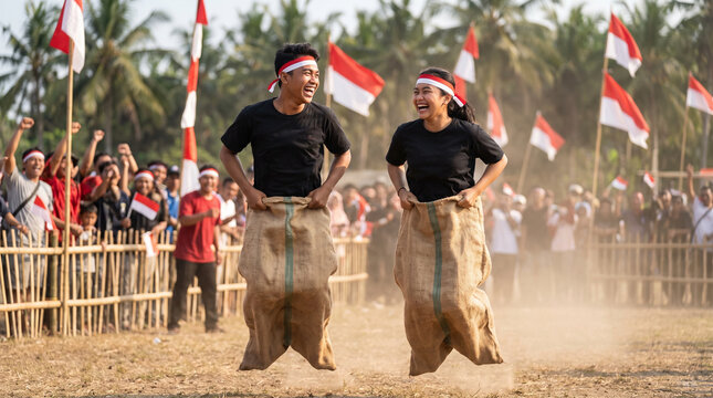 Indonesian Independence Day: Couple Competing in Traditional Balap Karung Sack Race