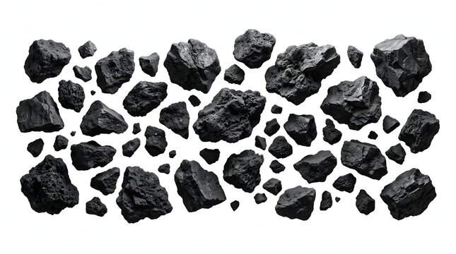 Set of various natural black coal and charcoal pieces isolated on a white background.