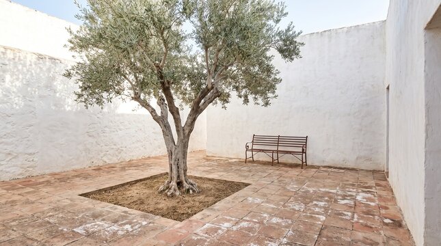 Minimalist Mediterranean courtyard featuring a central olive tree and a metal bench against white rustic walls for serene lifestyle.