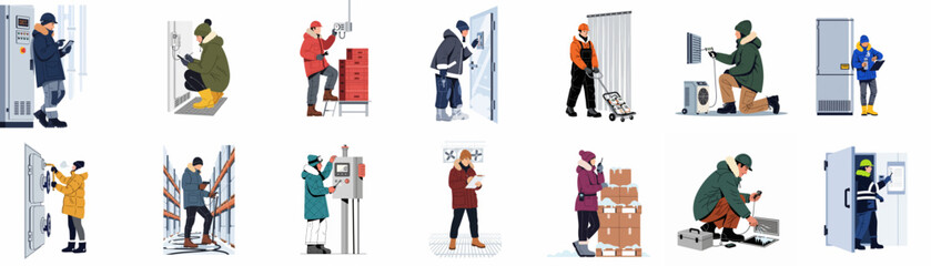 Illustrations of professional workers in winter gear performing maintenance, inspections, and logistics tasks within cold storage and industrial warehouse environments. © Emily