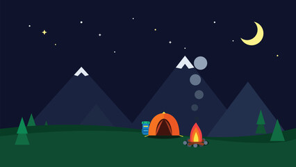 Camping under night sky with mountains, tent and bonfire illustration © Yan
